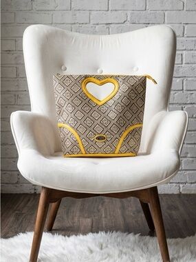 XOXO Neutral Patterned Tote with Yellow Trim and Heart Cutout